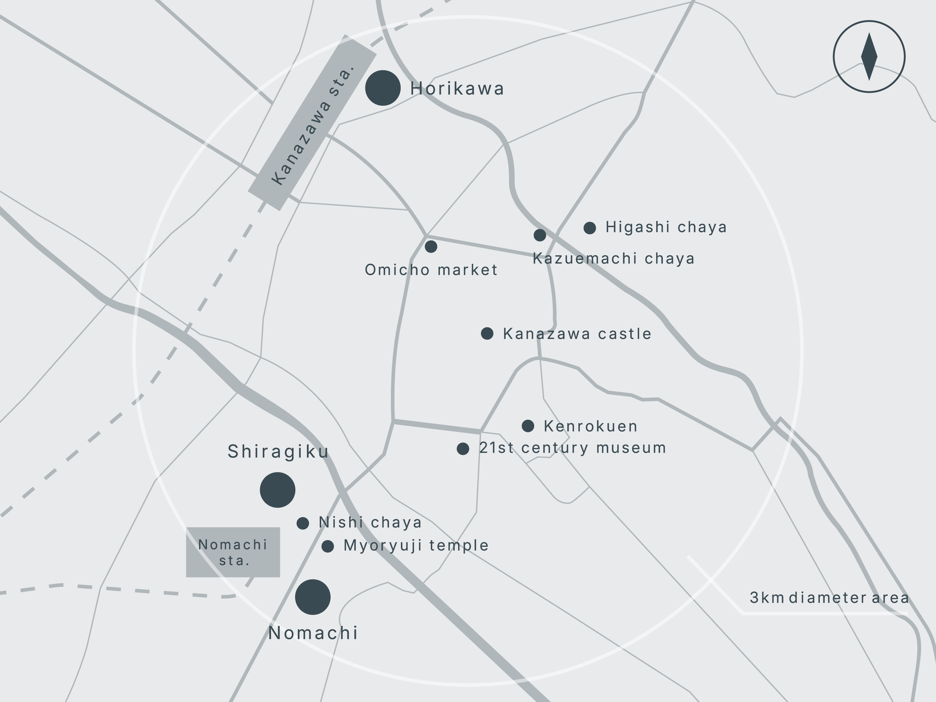 Map of Kanazawa Villas — Nomachi and Shiragiku locations relative to Kenroku-en, the teahouse districts, Omicho Market, and other landmarks